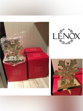 🆕LENOX - NWT - 4PCS - GOLD CRYSTAL JEWELLED SNOWFLAKE CHRISTMAS STOCKING HOLDERS